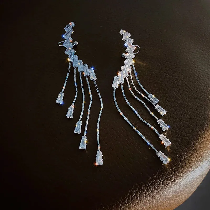 Inlaid Rhinestone Bow Tassel Earrings