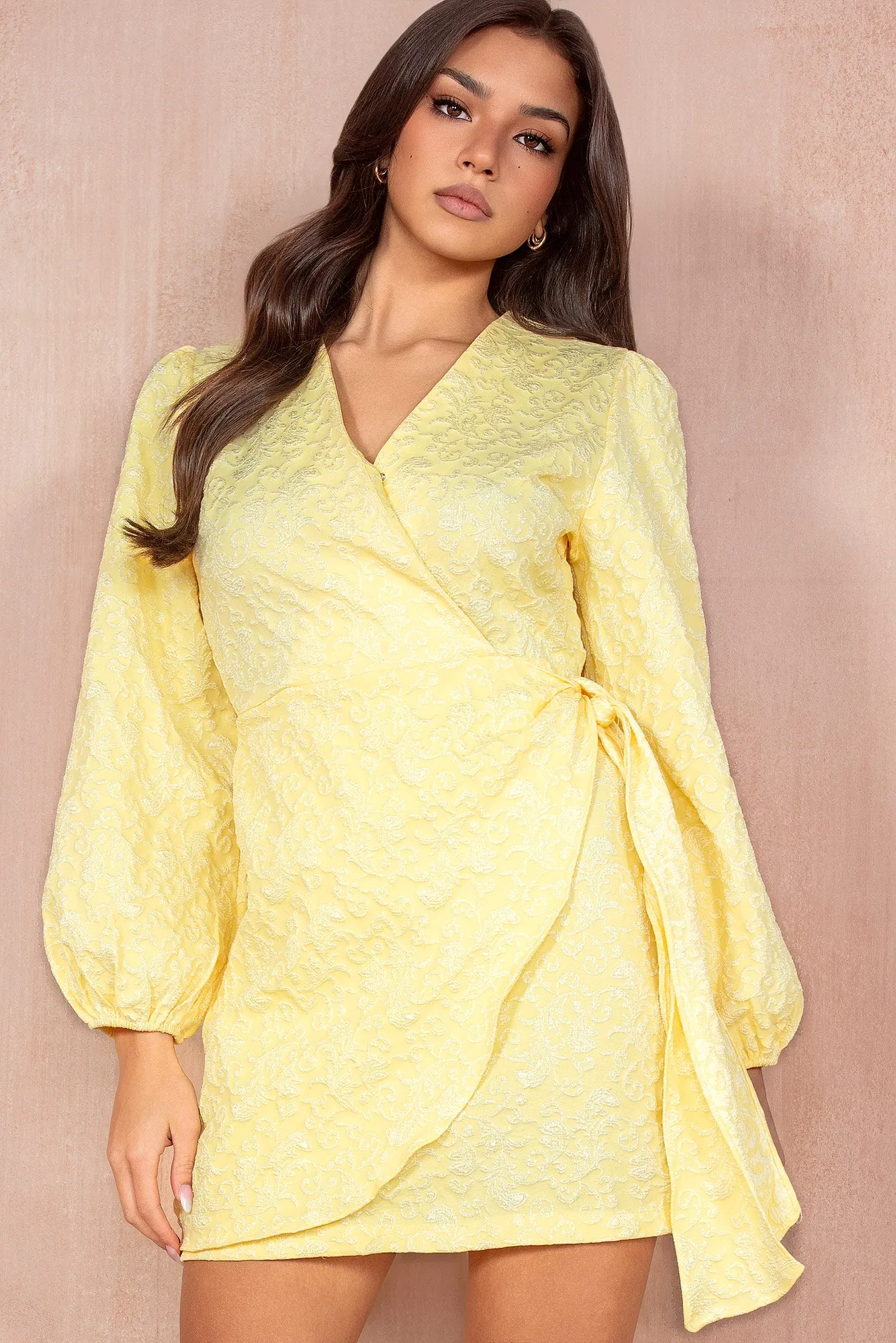 Kallie Yellow Jacquard Wrap Dress