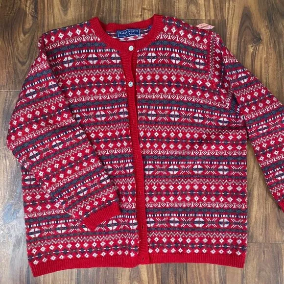 Karen Scott Henley 100% Wool sweater Cardigan Red white and black size 2XL