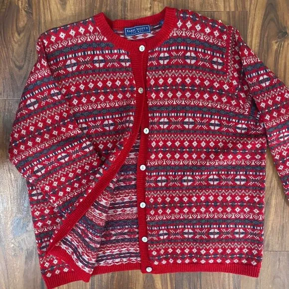 Karen Scott Henley 100% Wool sweater Cardigan Red white and black size 2XL