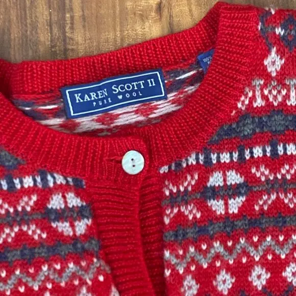 Karen Scott Henley 100% Wool sweater Cardigan Red white and black size 2XL