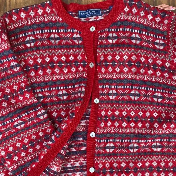 Karen Scott Henley 100% Wool sweater Cardigan Red white and black size 2XL