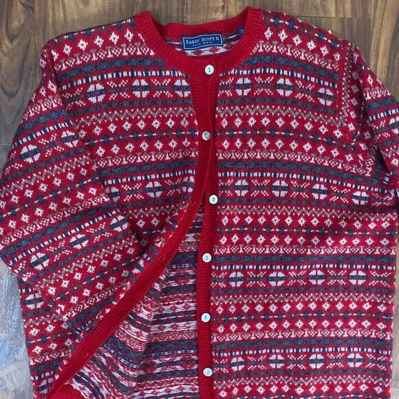 Karen Scott Henley 100% Wool sweater Cardigan Red white and black size 2XL