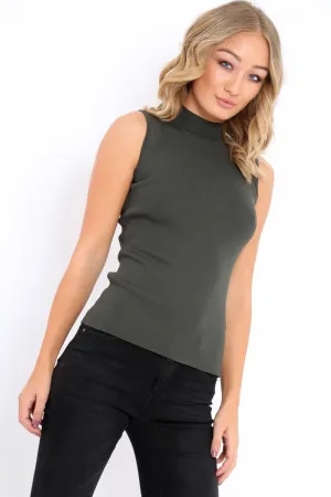 Khaki High Neck Ribbed Top - Cicely