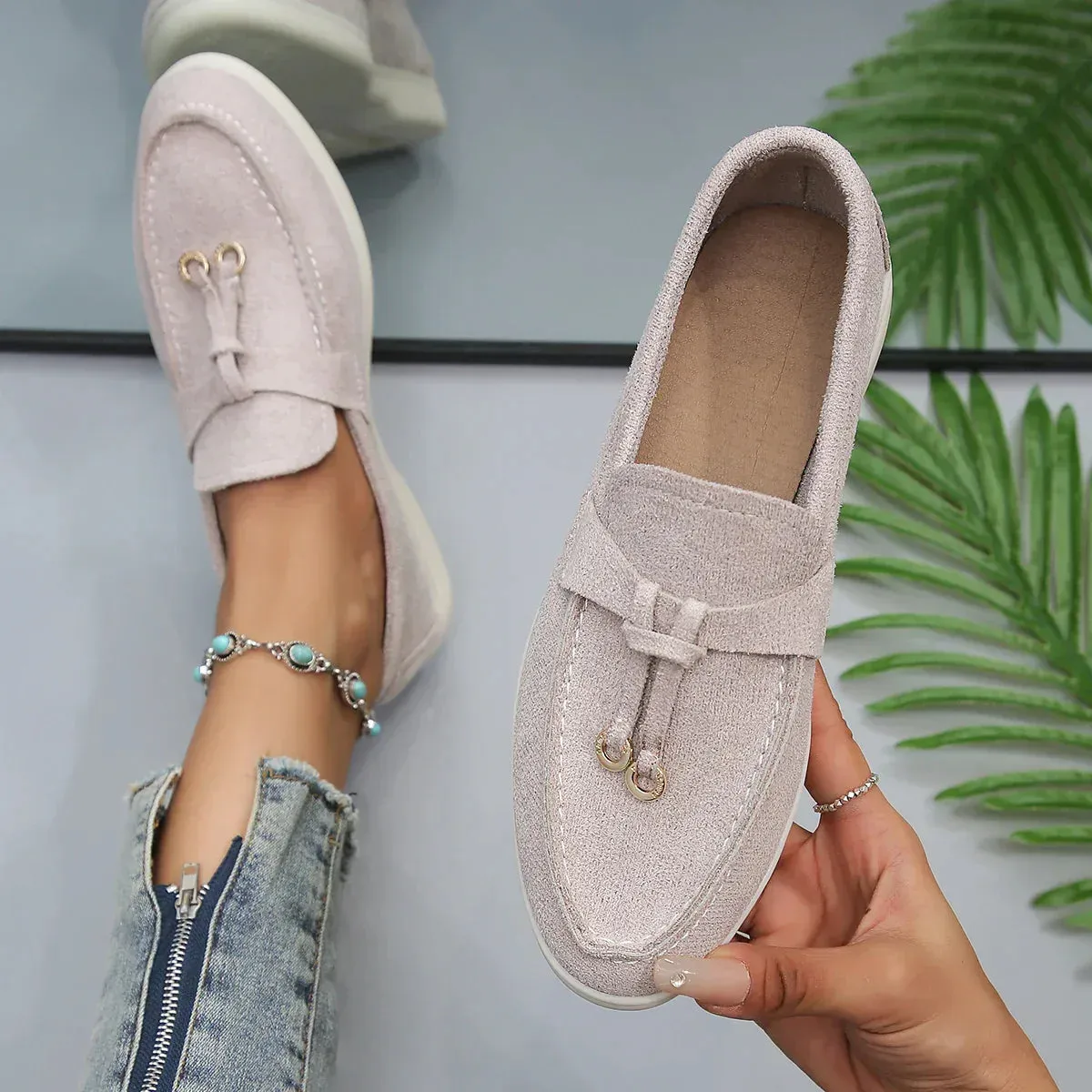 Ladies' slip-on loafers in PU leather and cashmere