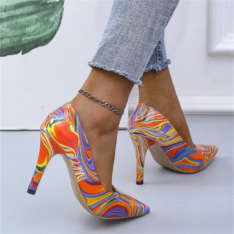 Ladies Unique High Heels Graffiti Pointed Toe Pumps
