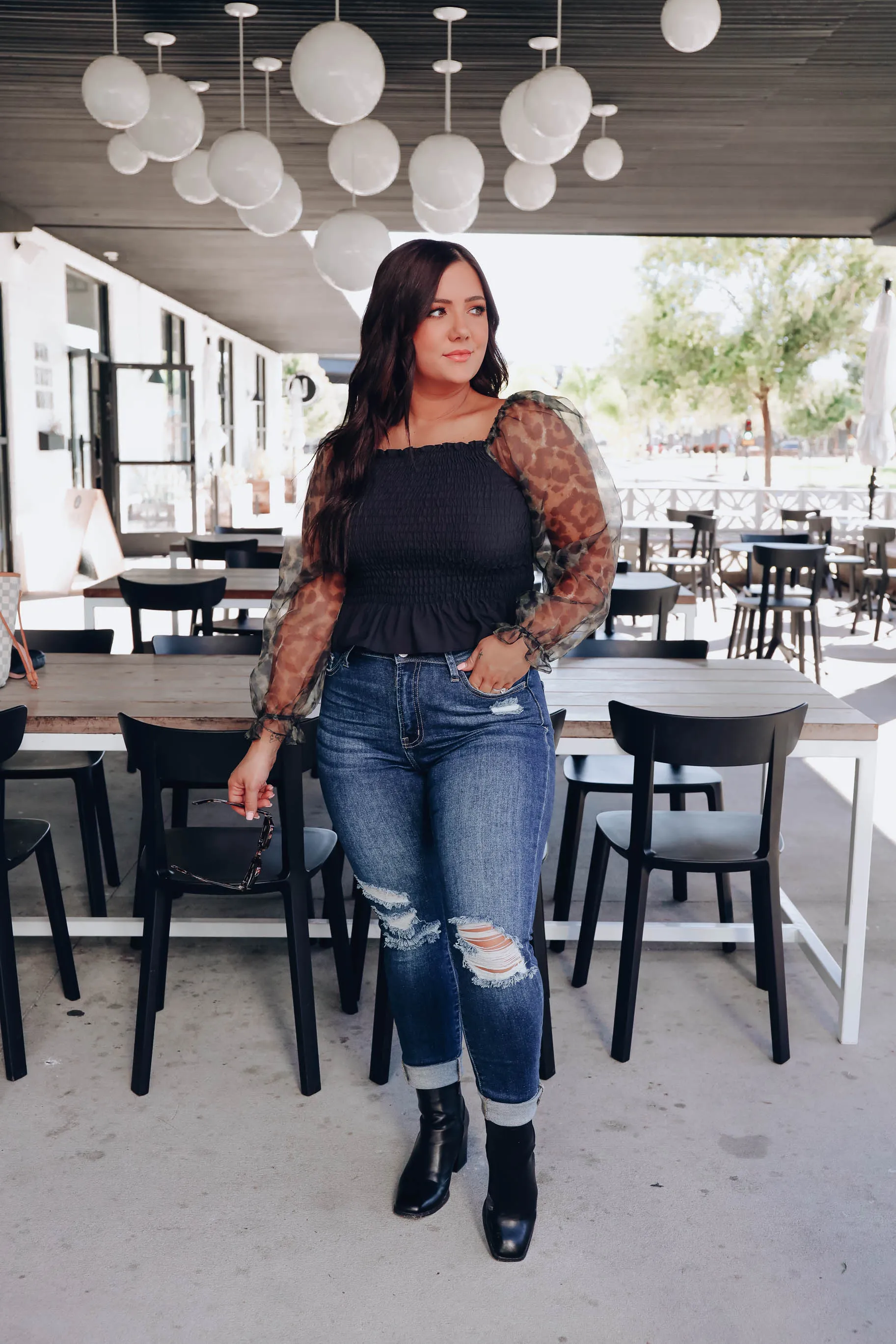 Leopard Sleeve Smocked Crop Top - Black