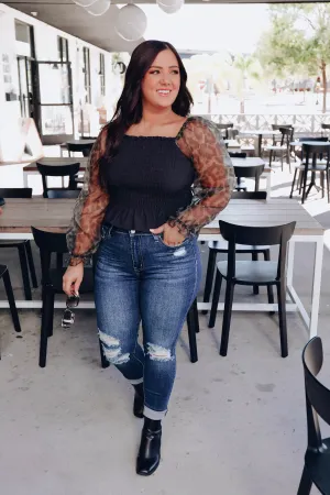 Leopard Sleeve Smocked Crop Top - Black