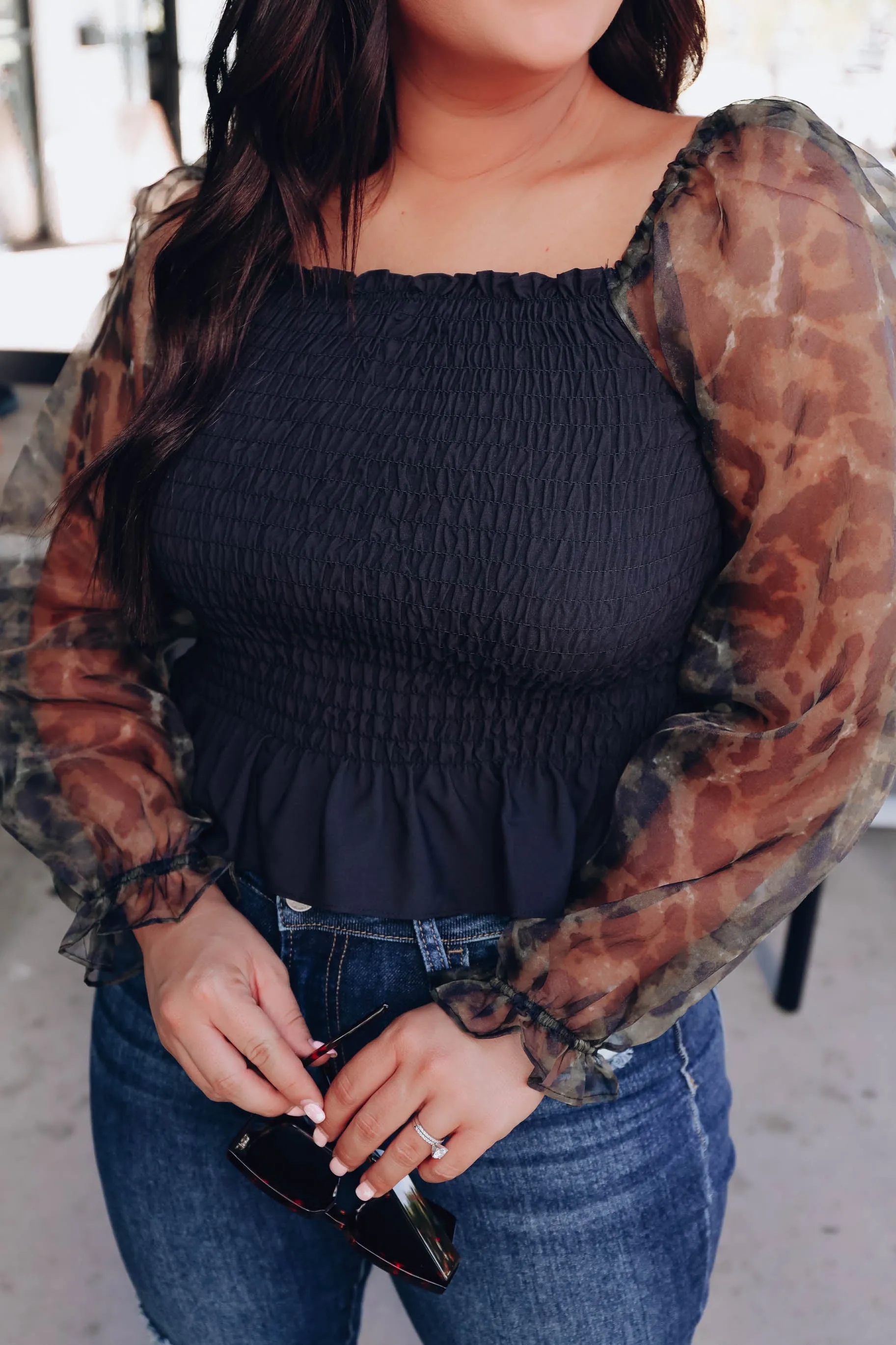 Leopard Sleeve Smocked Crop Top - Black