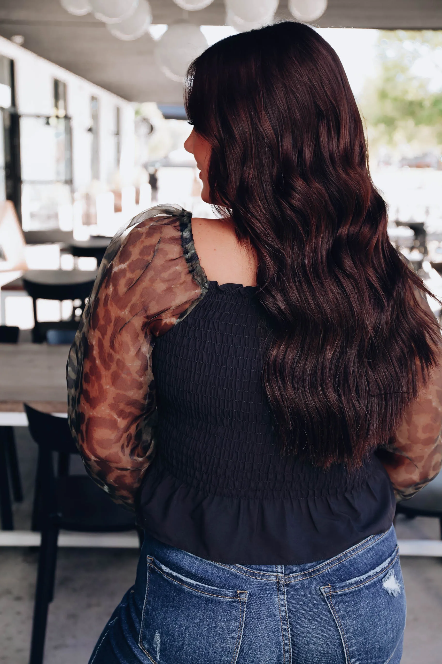 Leopard Sleeve Smocked Crop Top - Black