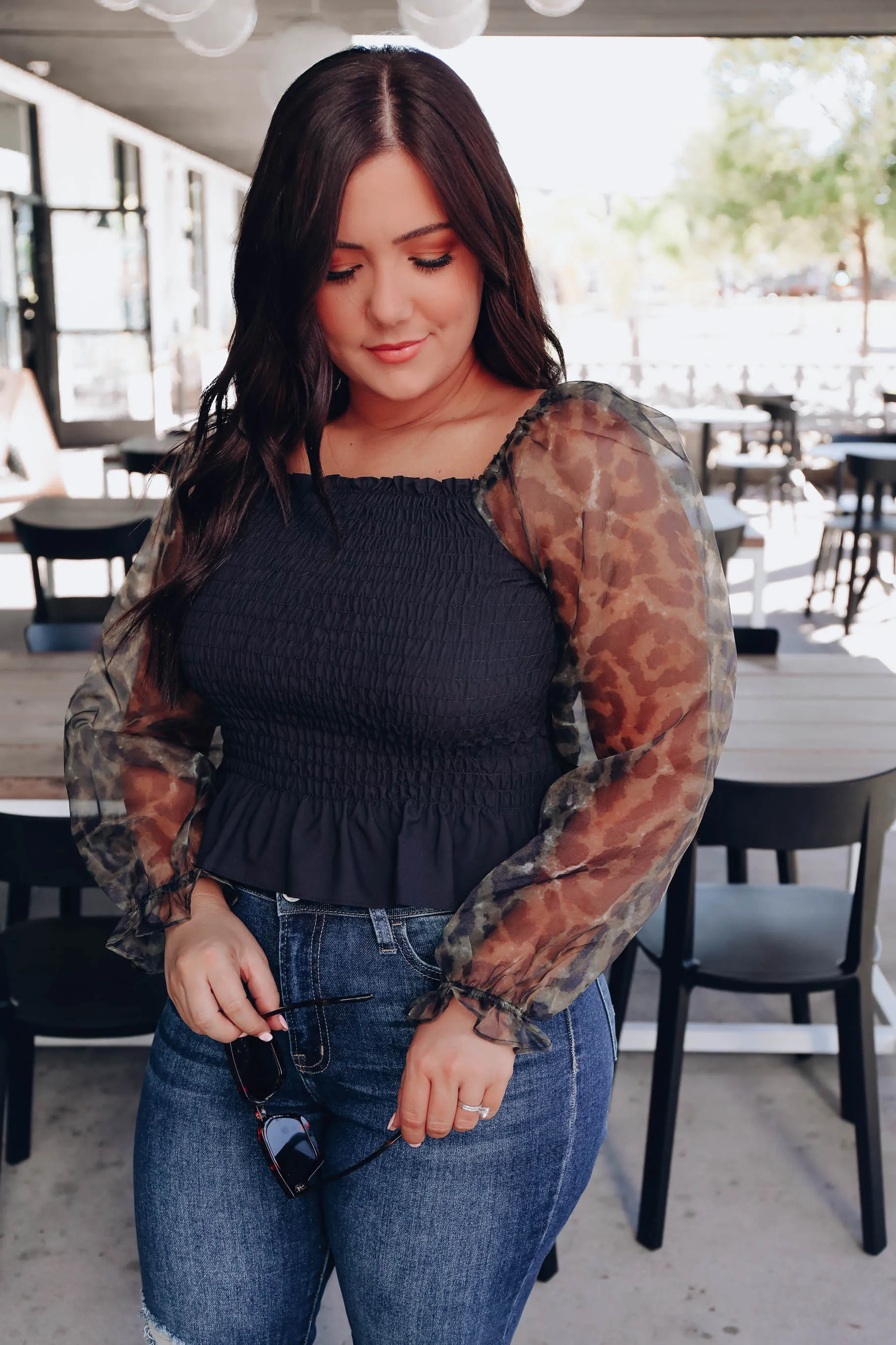 Leopard Sleeve Smocked Crop Top - Black