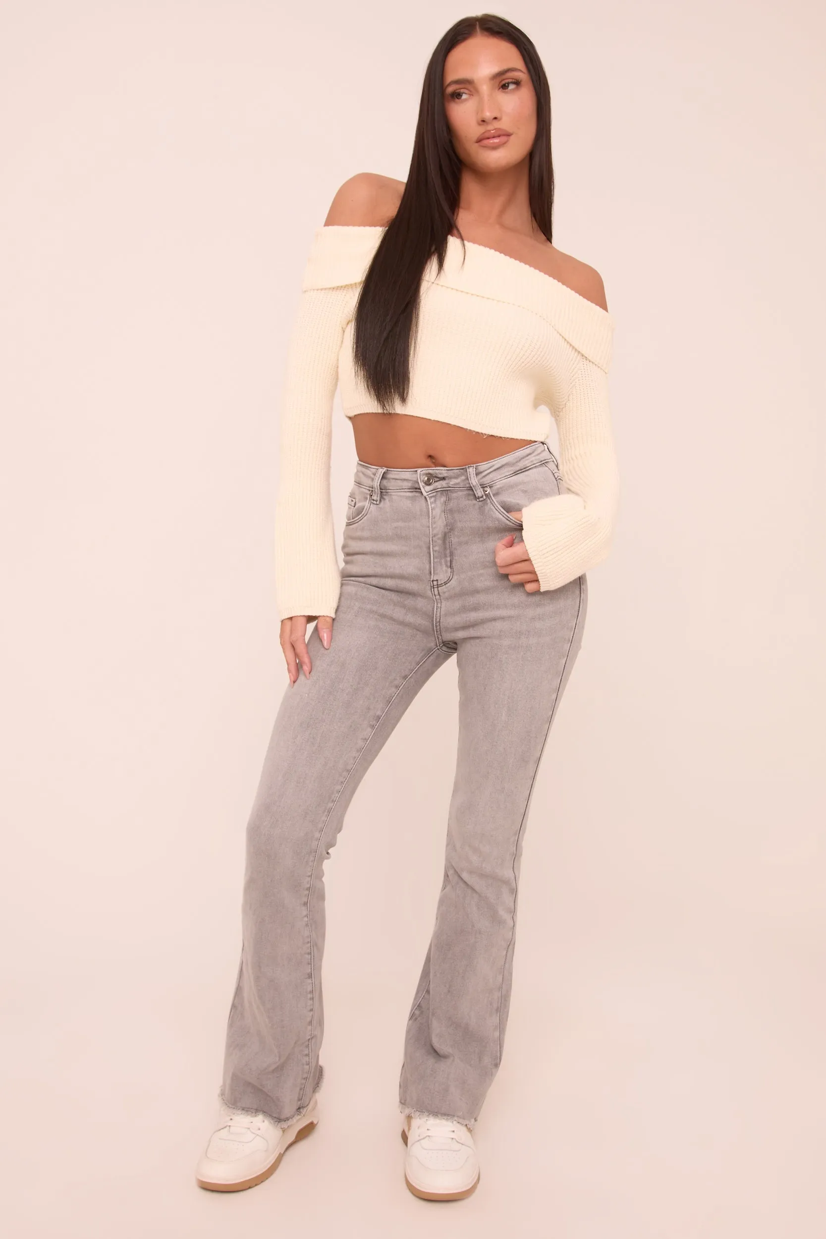 Light Grey High Waist Kick Flare Frayed Hem Denim Jeans - Aspen