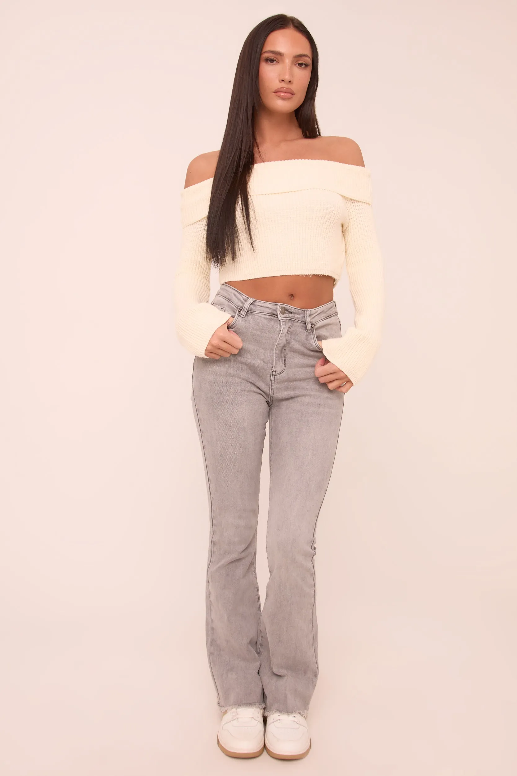 Light Grey High Waist Kick Flare Frayed Hem Denim Jeans - Aspen