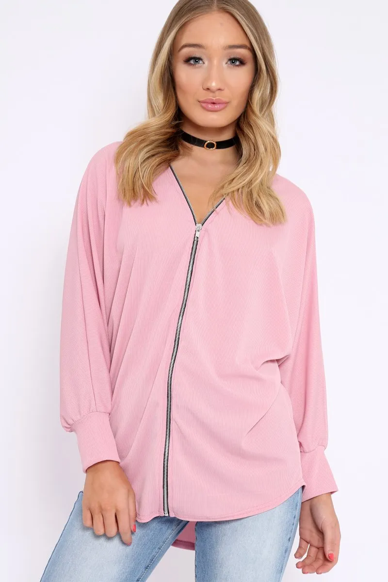 Lilac Ribbed Oversized Zip Front Top - Rabecca