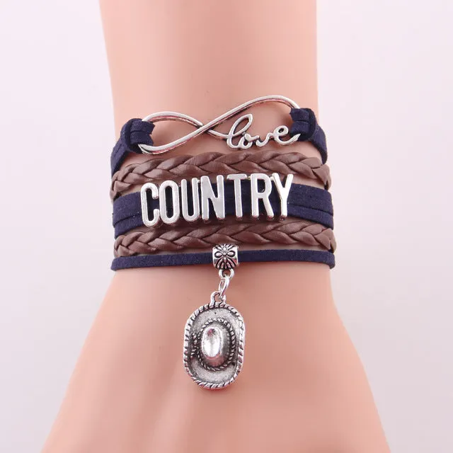 Little Minglou Infinity Love country bracelet music note cowboy hat Charm leather wrap men bracelets & bangles for women Jewelry