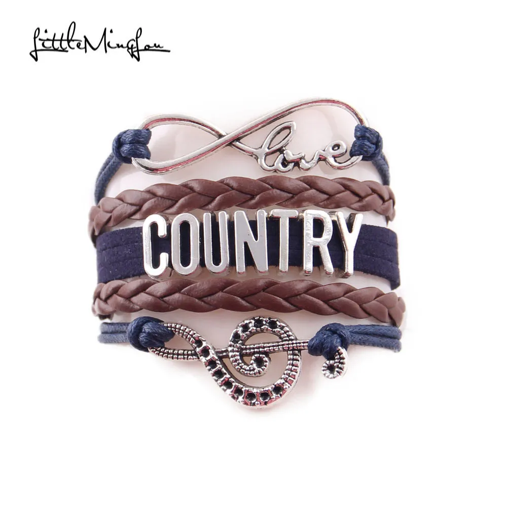 Little Minglou Infinity Love country bracelet music note cowboy hat Charm leather wrap men bracelets & bangles for women Jewelry