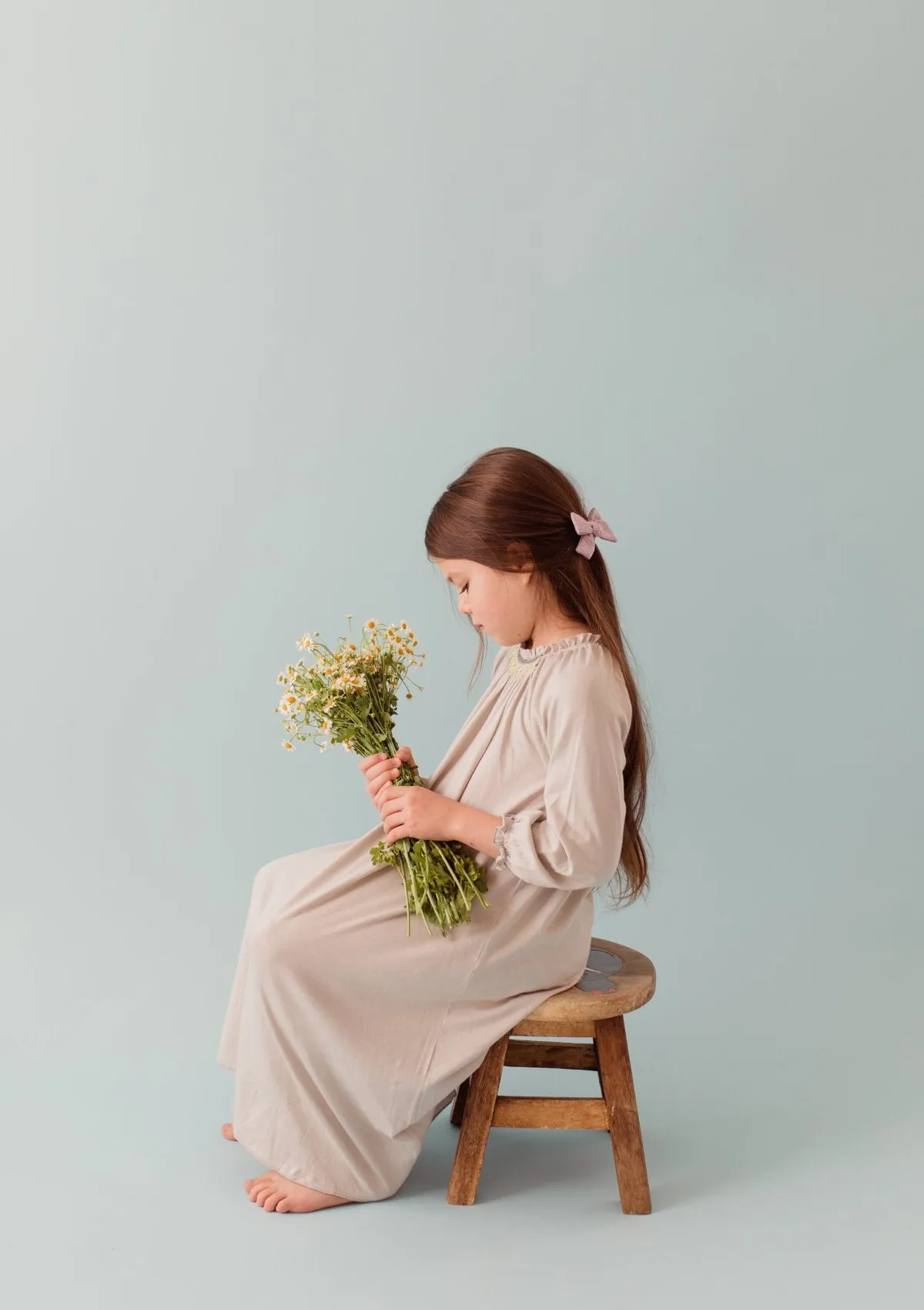 Long Sleeve Hand Smocked Jersey Day Gown, Stone
