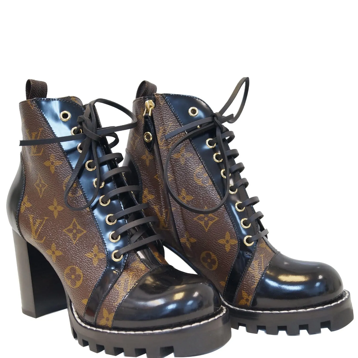 LOUIS VUITTON Star Trail Monogram Canvas/Patent Ankle Boot Brwon/Black US 8.5
