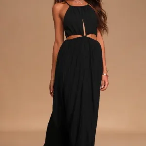 Lulus NWT Streamlined Style Black Tie-Back Cutout Maxi Dress Size M
