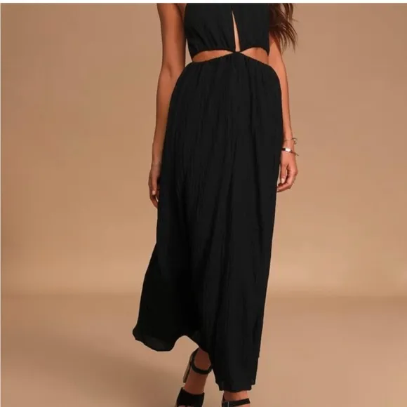 Lulus NWT Streamlined Style Black Tie-Back Cutout Maxi Dress Size M
