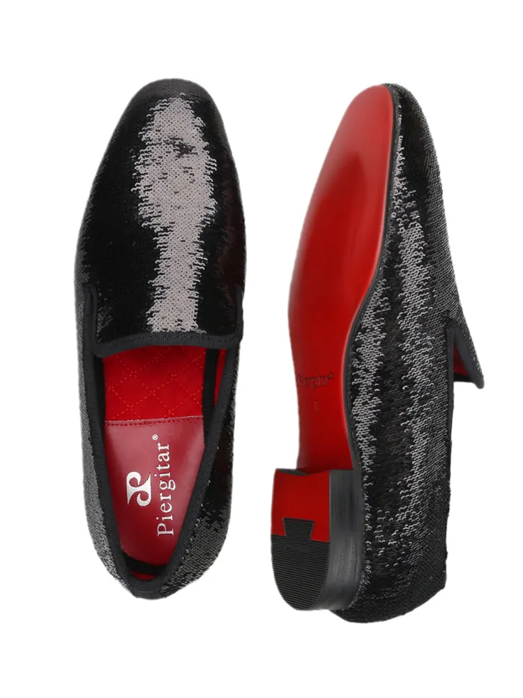 Luxurious two-color sequined men's handmade loafers European and American style fashion party wedding banquet one-step red bottom trendy men's shoes