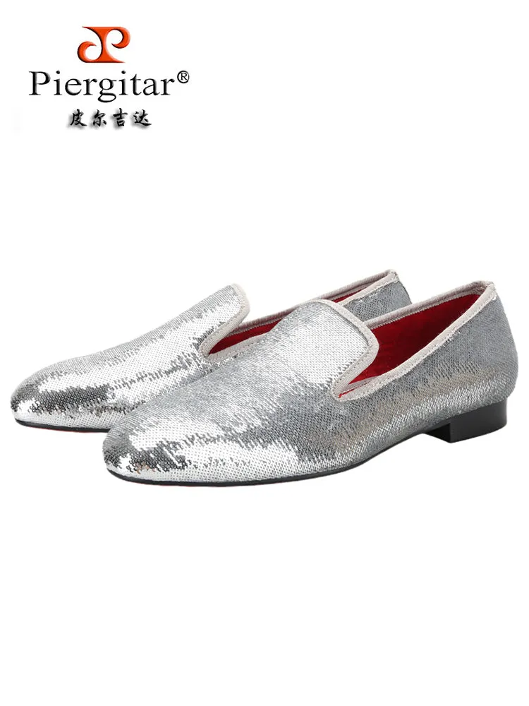 Luxurious two-color sequined men's handmade loafers European and American style fashion party wedding banquet one-step red bottom trendy men's shoes
