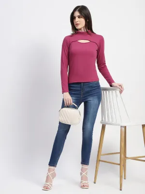 Madame Ribbed High Neck Cutout Plum Top