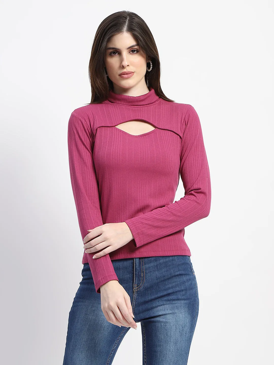Madame Ribbed High Neck Cutout Plum Top