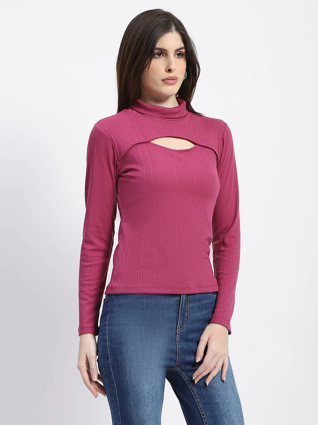Madame Ribbed High Neck Cutout Plum Top