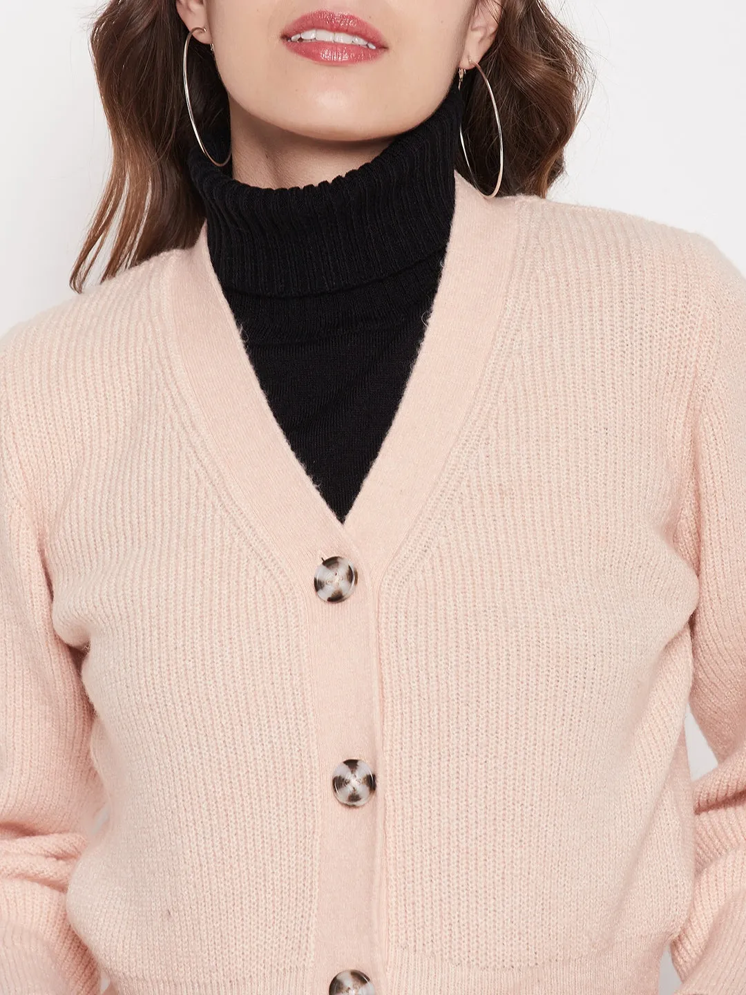 Madame Solid Peach V-Neck Crop Cardigan
