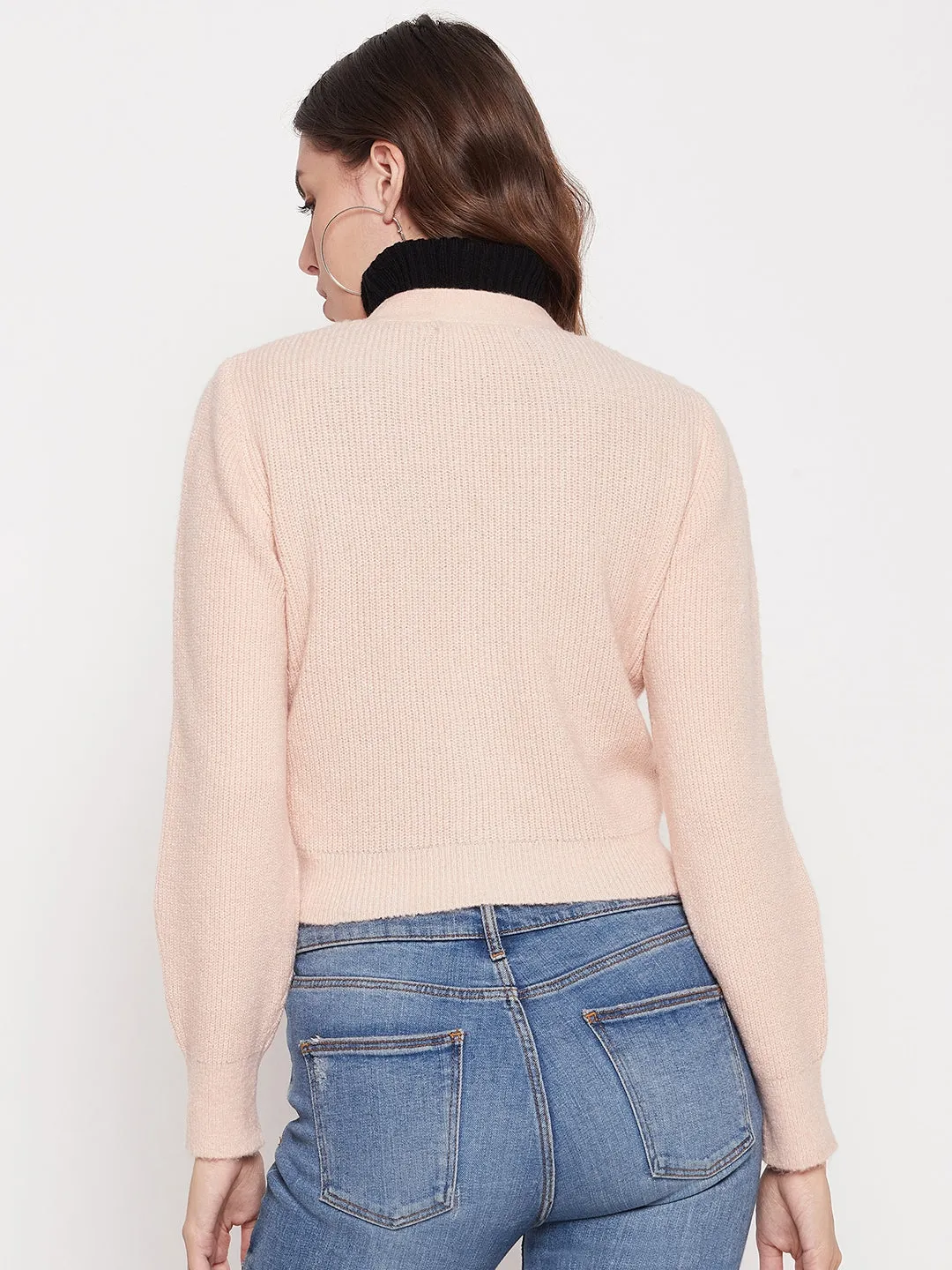 Madame Solid Peach V-Neck Crop Cardigan