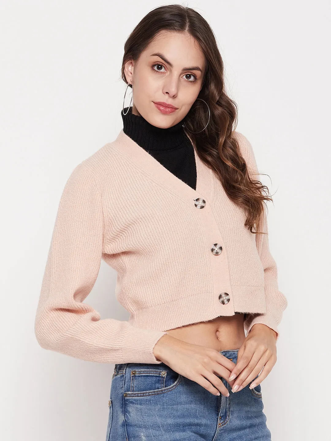 Madame Solid Peach V-Neck Crop Cardigan
