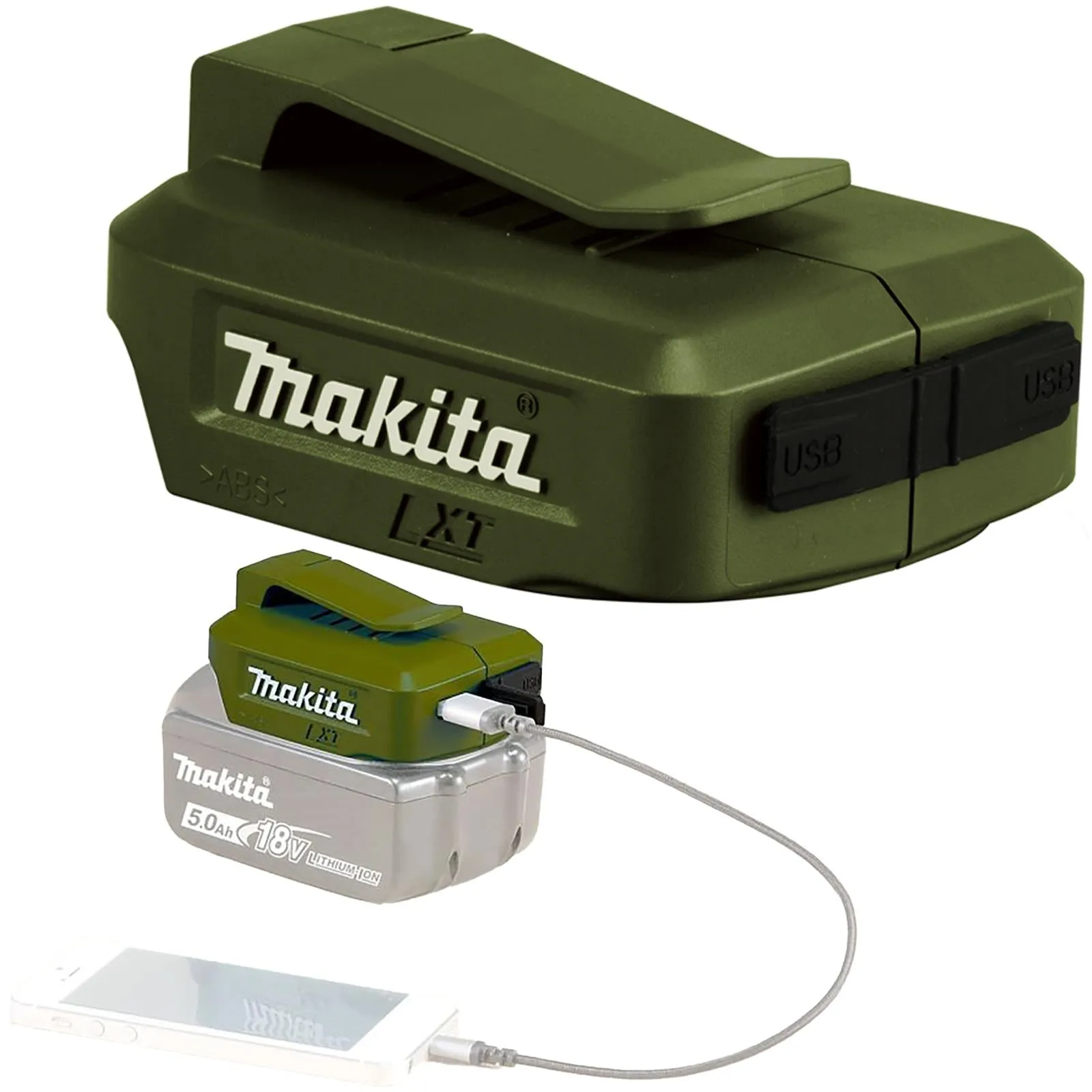 Makita LXT Charging Adaptor Mobile Phone iPad Charger 18V Compatible Olive Outdoor Adventure Range