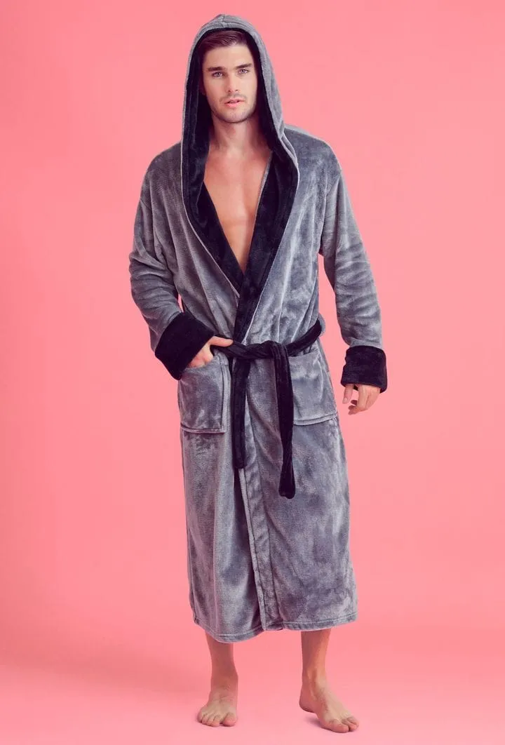 Men Plush Shawl Collar Robe, Fluffy Spa Robes, Winter Warm House & Hotel Robes (Gray & Black)