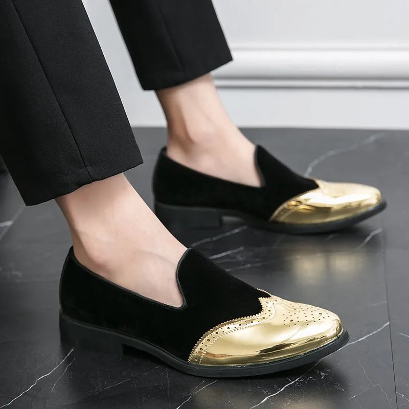 Men's Elegant Slip-On Loafers - Stylish Red & Golden Wingtip Dress Shoes for Weddings, Business, and Casual Events, Round Toe with Rubber Sole, PU Upper Material, Perfect for All Seasons