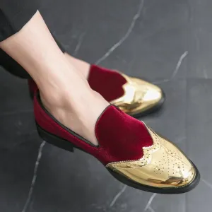 Men's Elegant Slip-On Loafers - Stylish Red & Golden Wingtip Dress Shoes for Weddings, Business, and Casual Events, Round Toe with Rubber Sole, PU Upper Material, Perfect for All Seasons