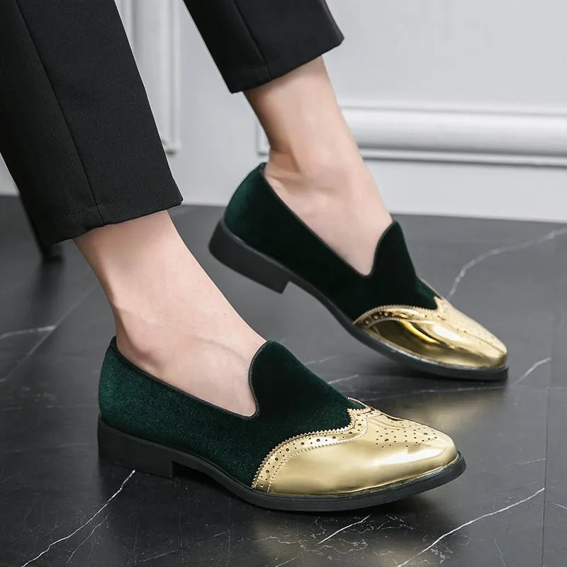 Men's Elegant Slip-On Loafers - Stylish Red & Golden Wingtip Dress Shoes for Weddings, Business, and Casual Events, Round Toe with Rubber Sole, PU Upper Material, Perfect for All Seasons