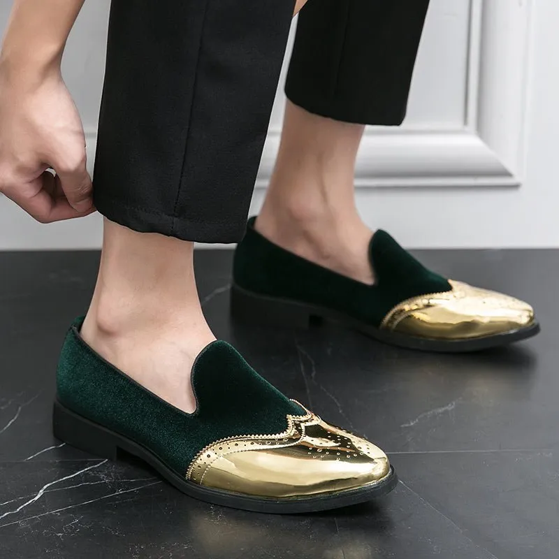 Men's Elegant Slip-On Loafers - Stylish Red & Golden Wingtip Dress Shoes for Weddings, Business, and Casual Events, Round Toe with Rubber Sole, PU Upper Material, Perfect for All Seasons