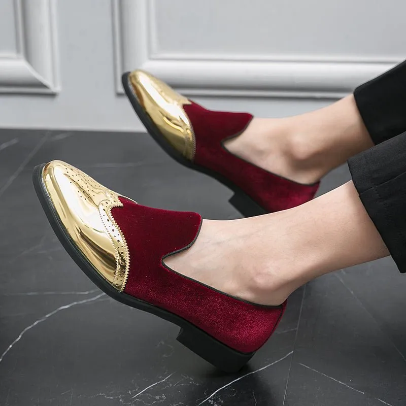 Men's Elegant Slip-On Loafers - Stylish Red & Golden Wingtip Dress Shoes for Weddings, Business, and Casual Events, Round Toe with Rubber Sole, PU Upper Material, Perfect for All Seasons