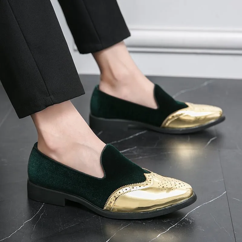 Men's Elegant Slip-On Loafers - Stylish Red & Golden Wingtip Dress Shoes for Weddings, Business, and Casual Events, Round Toe with Rubber Sole, PU Upper Material, Perfect for All Seasons