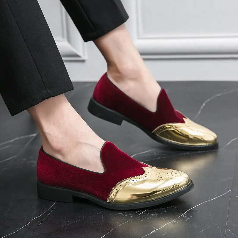 Men's Elegant Slip-On Loafers - Stylish Red & Golden Wingtip Dress Shoes for Weddings, Business, and Casual Events, Round Toe with Rubber Sole, PU Upper Material, Perfect for All Seasons