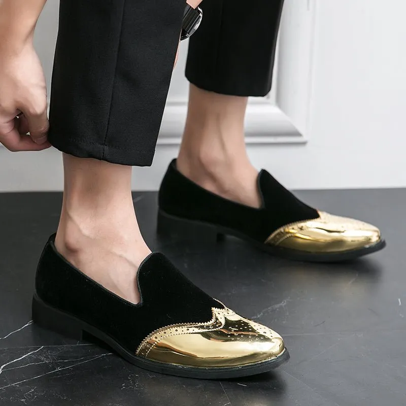Men's Elegant Slip-On Loafers - Stylish Red & Golden Wingtip Dress Shoes for Weddings, Business, and Casual Events, Round Toe with Rubber Sole, PU Upper Material, Perfect for All Seasons