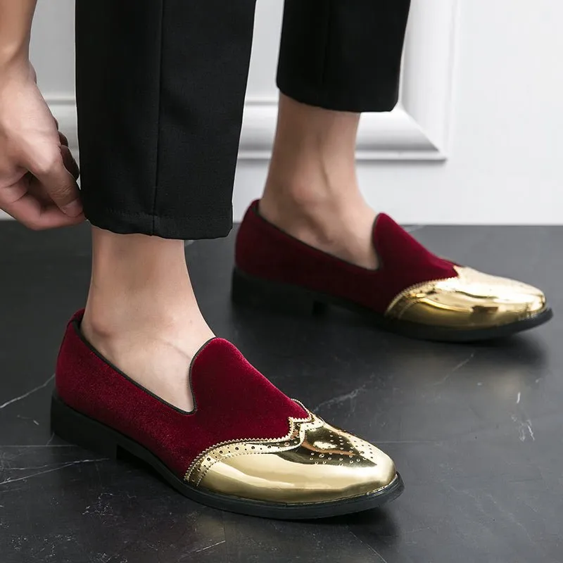 Men's Elegant Slip-On Loafers - Stylish Red & Golden Wingtip Dress Shoes for Weddings, Business, and Casual Events, Round Toe with Rubber Sole, PU Upper Material, Perfect for All Seasons