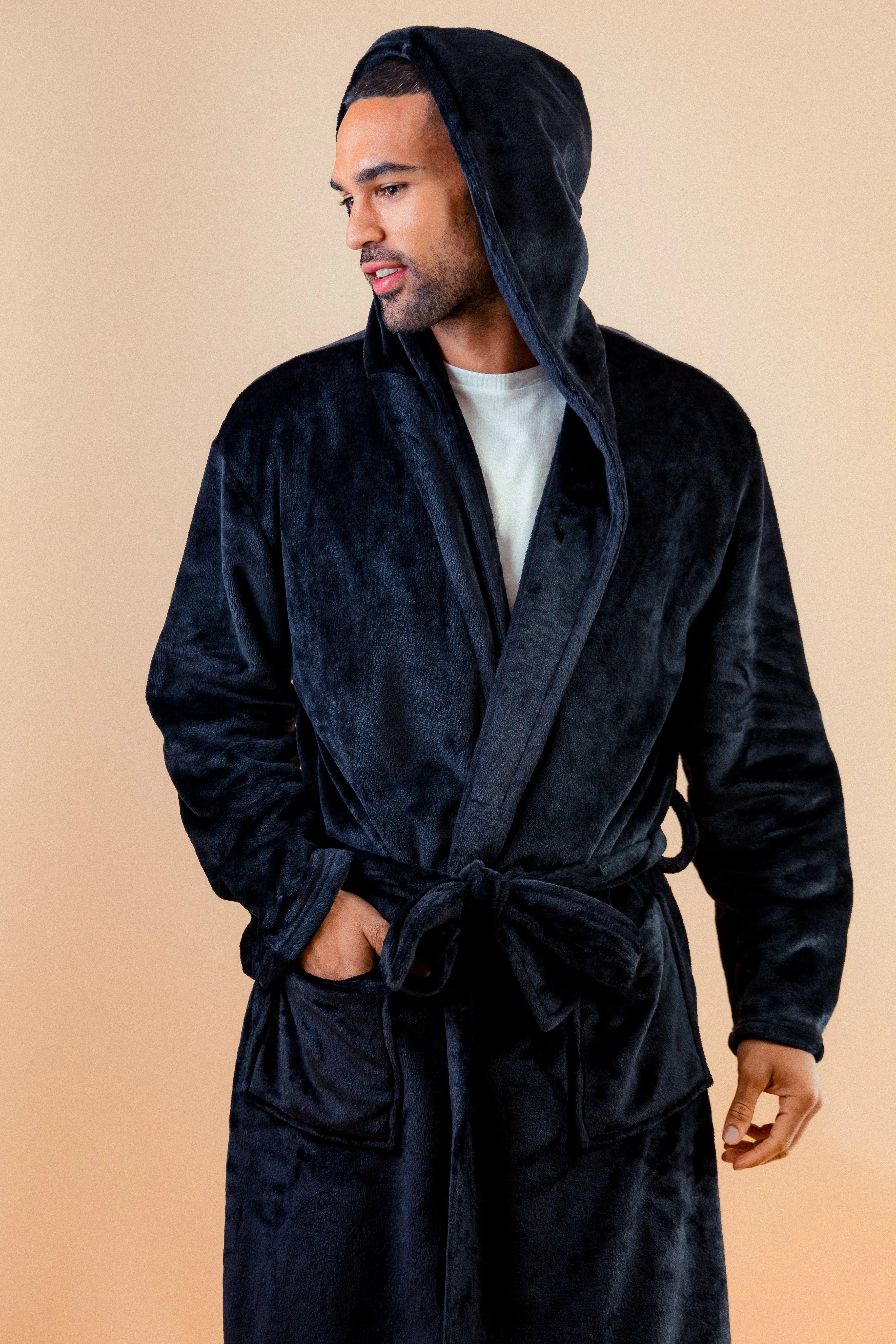 Mens personalised hooded plush dressing gown Black