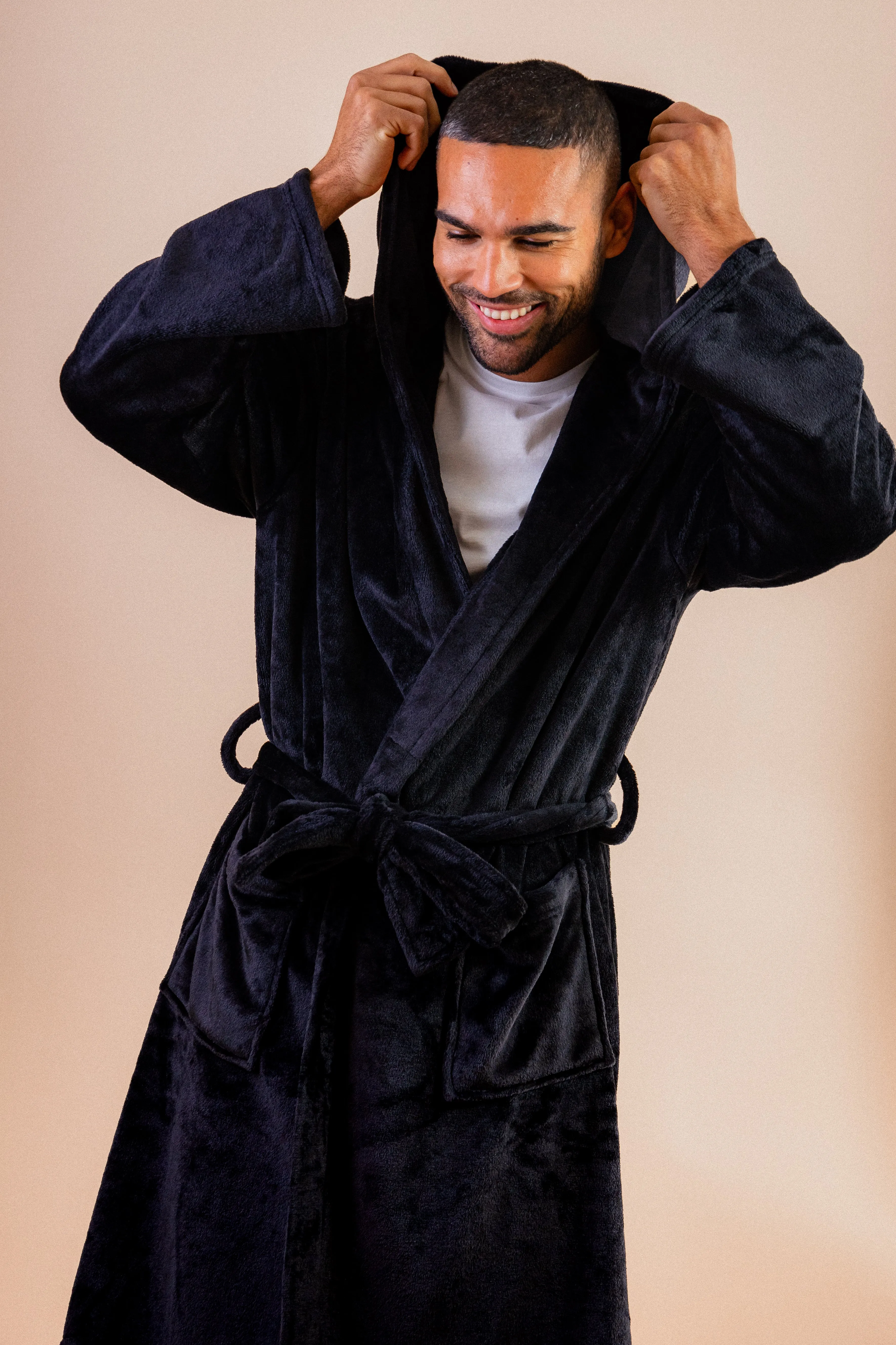 Mens personalised hooded plush dressing gown Black