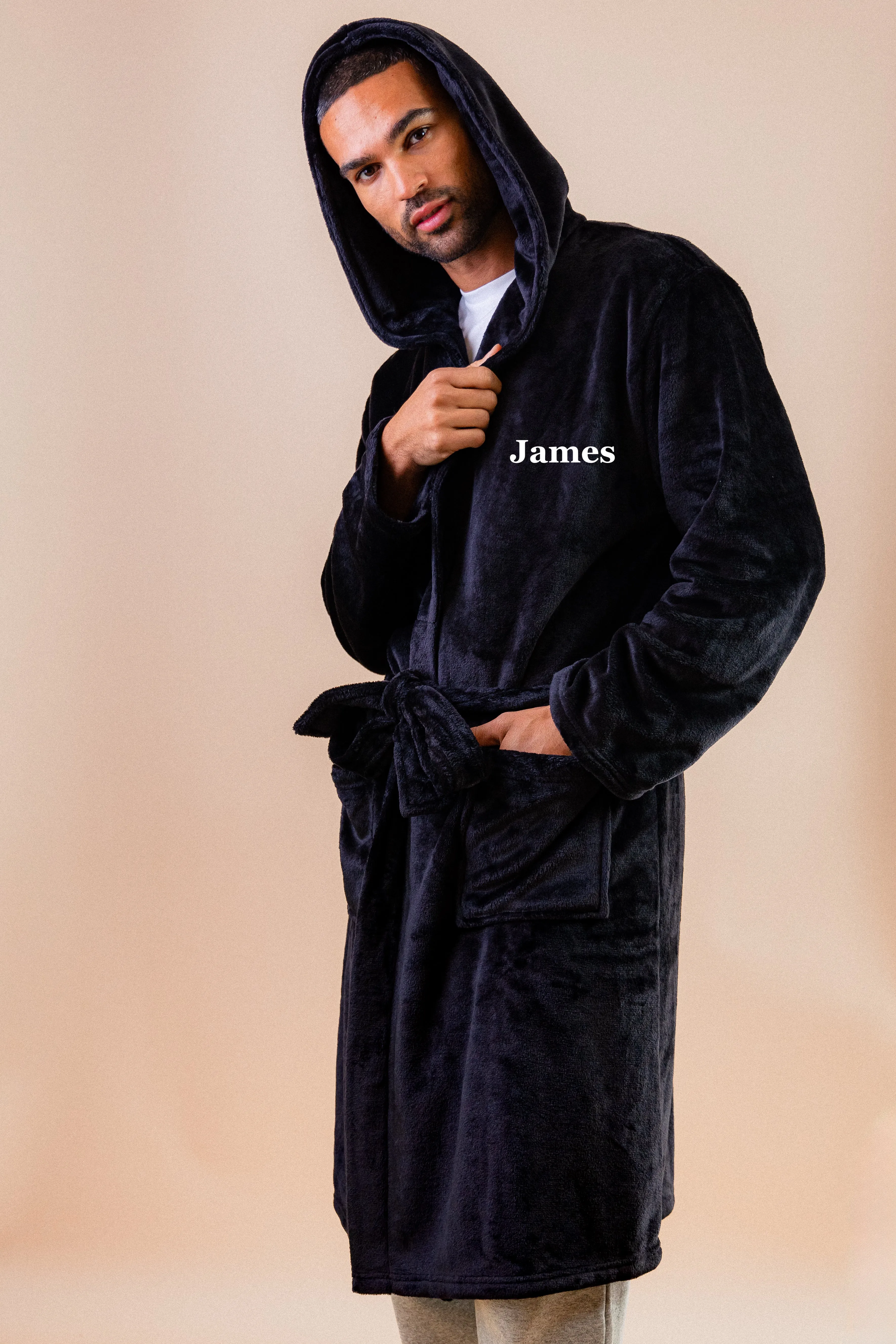 Mens personalised hooded plush dressing gown Black
