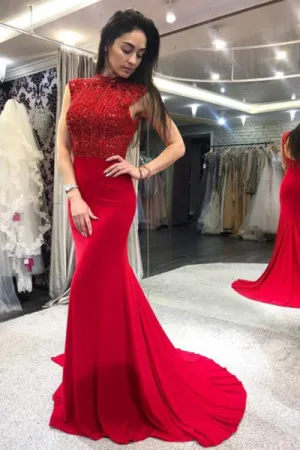 Mermaid High Neck Open Back Sweep Train Red Prom Dress with Beading D003