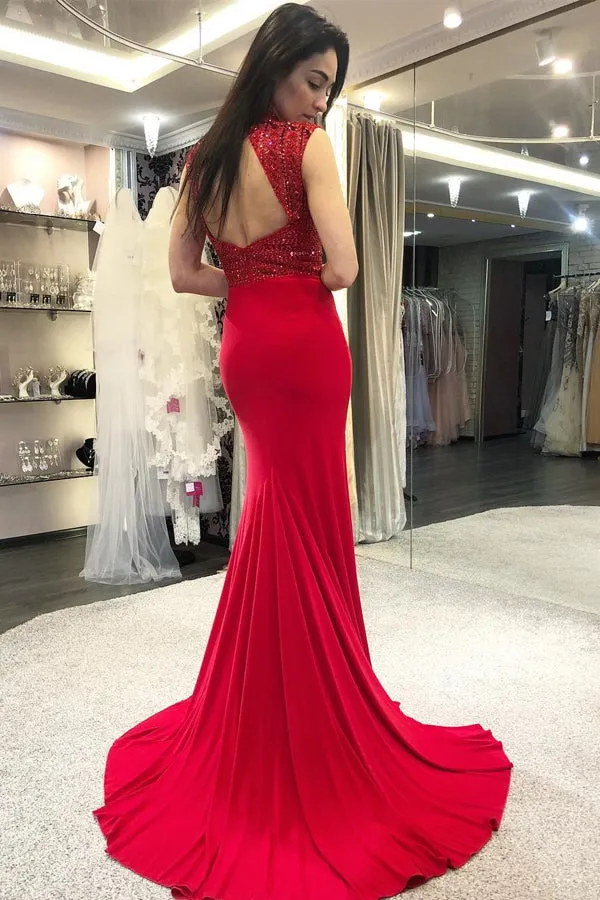 Mermaid High Neck Open Back Sweep Train Red Prom Dress with Beading D003