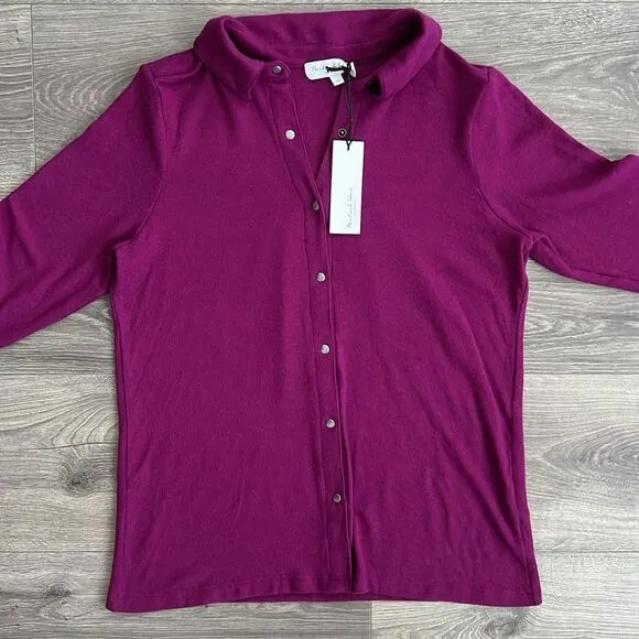 MICHAEL STARS Helen Snap Front Polo Top XS Madison Brushed Jersey Berry Purple