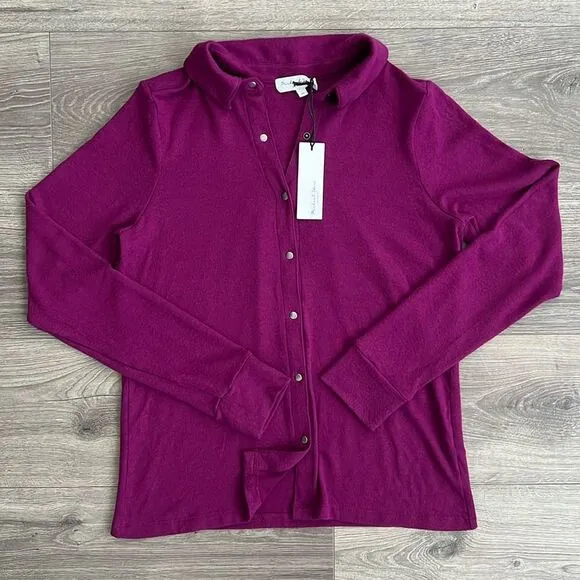 MICHAEL STARS Helen Snap Front Polo Top XS Madison Brushed Jersey Berry Purple